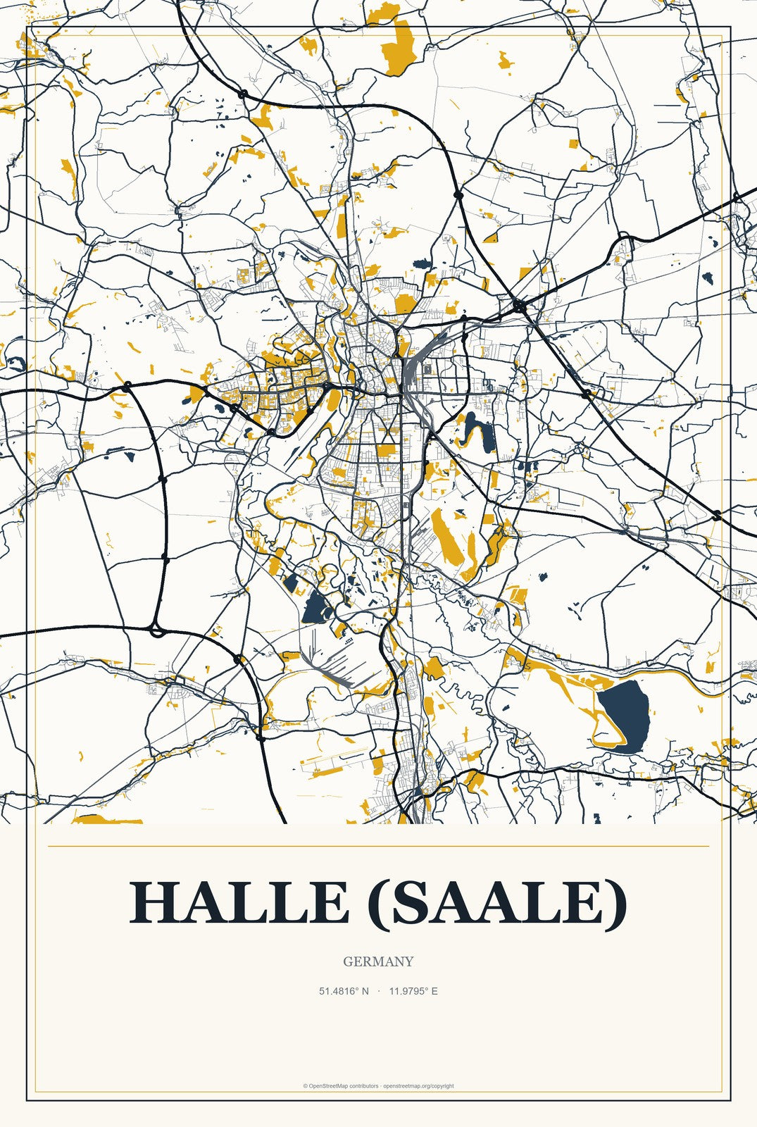 Halle (Saale), Germany City Map Aluminum Sign in Citrine Modern style
