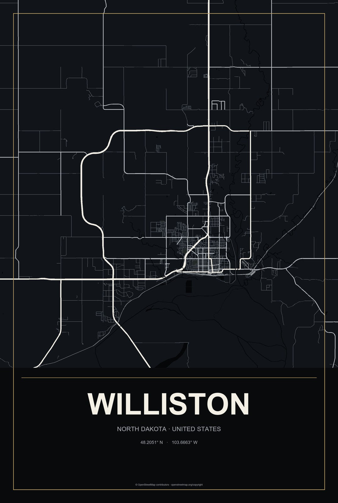 Williston, North Dakota City Map Aluminum Sign in Metropolitan Noir style