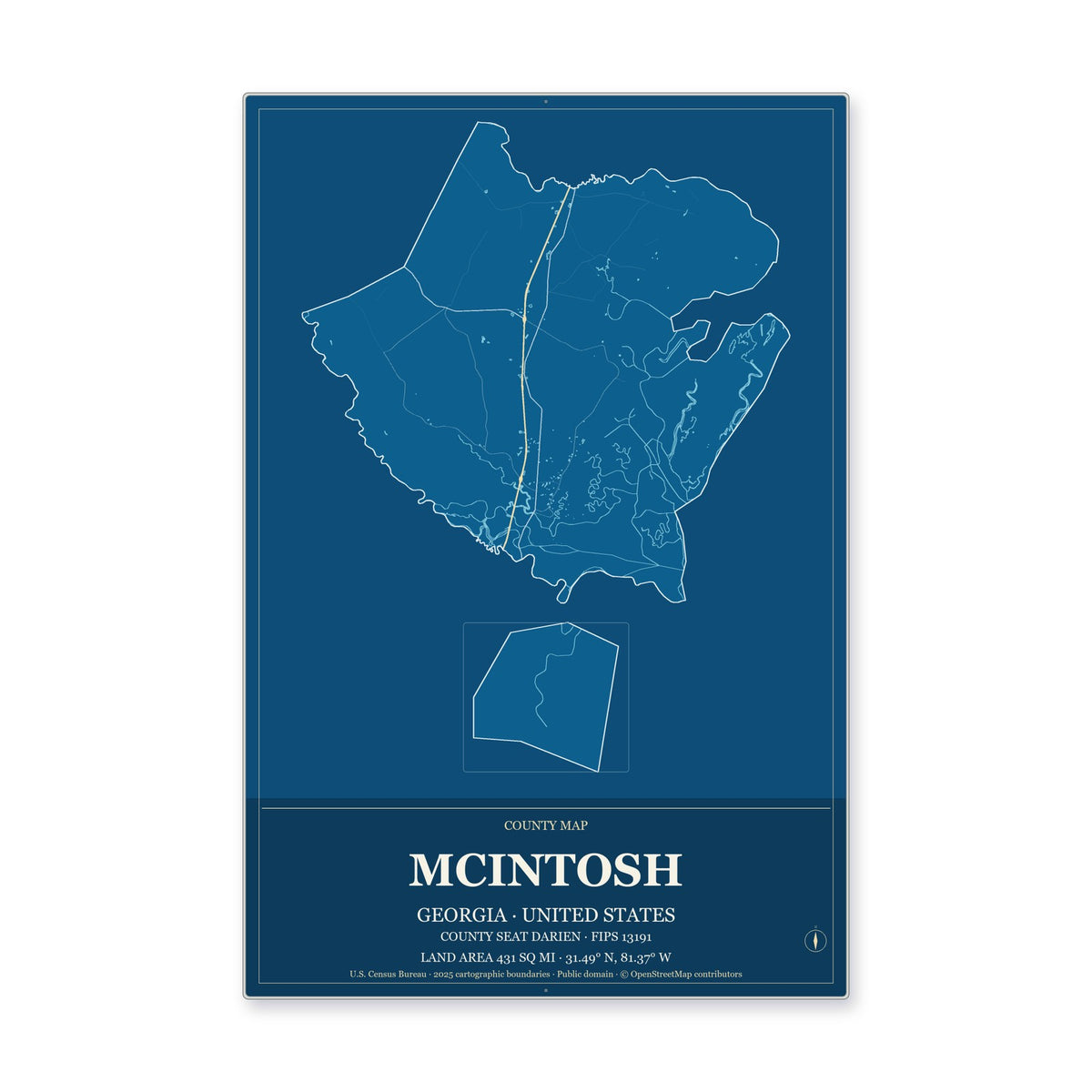 McIntosh County, Georgia Map Aluminum Sign in Harbor Cobalt style