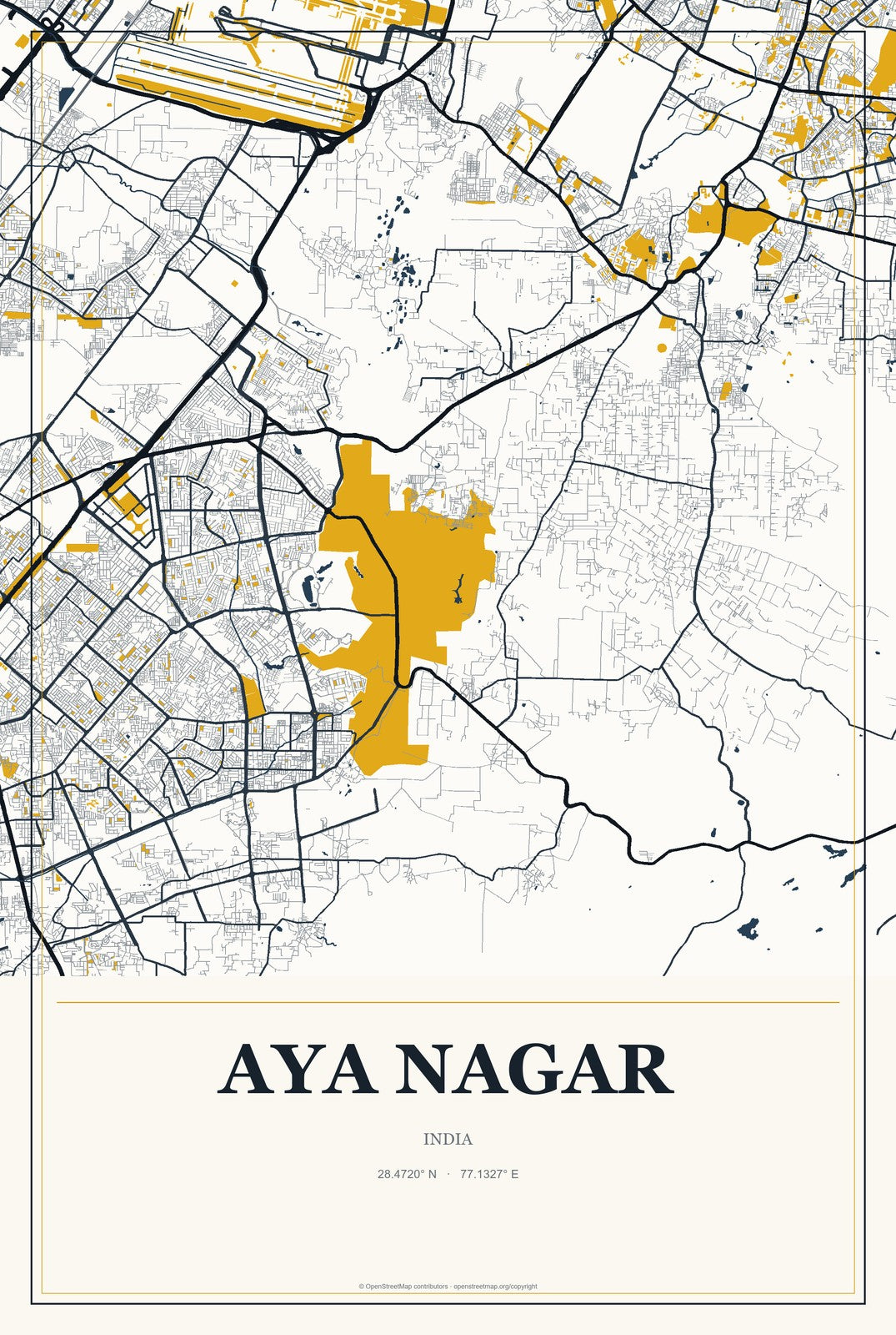 Aya Nagar, India City Map Aluminum Sign in Citrine Modern style