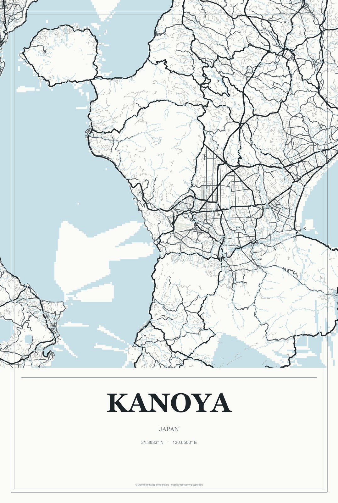 Kanoya, Japan City Map Aluminum Sign in Gallery Air style