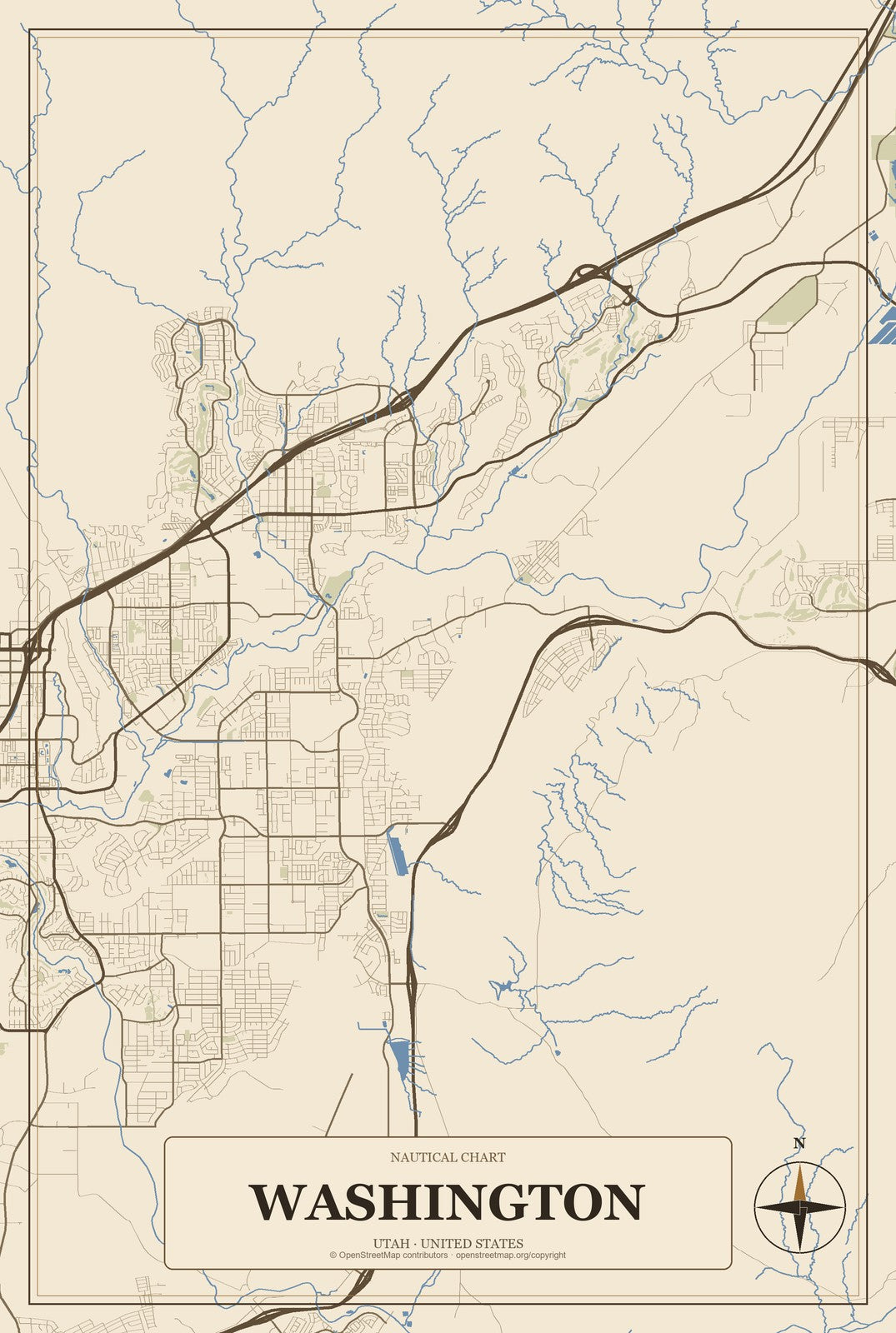 Washington, Utah City Map Aluminum Sign in Heritage Nautical style