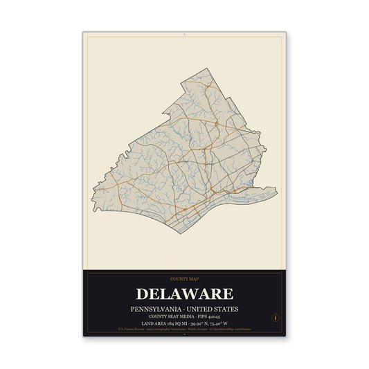 Delaware County, Pennsylvania Map Aluminum Sign in Museum Plaque style