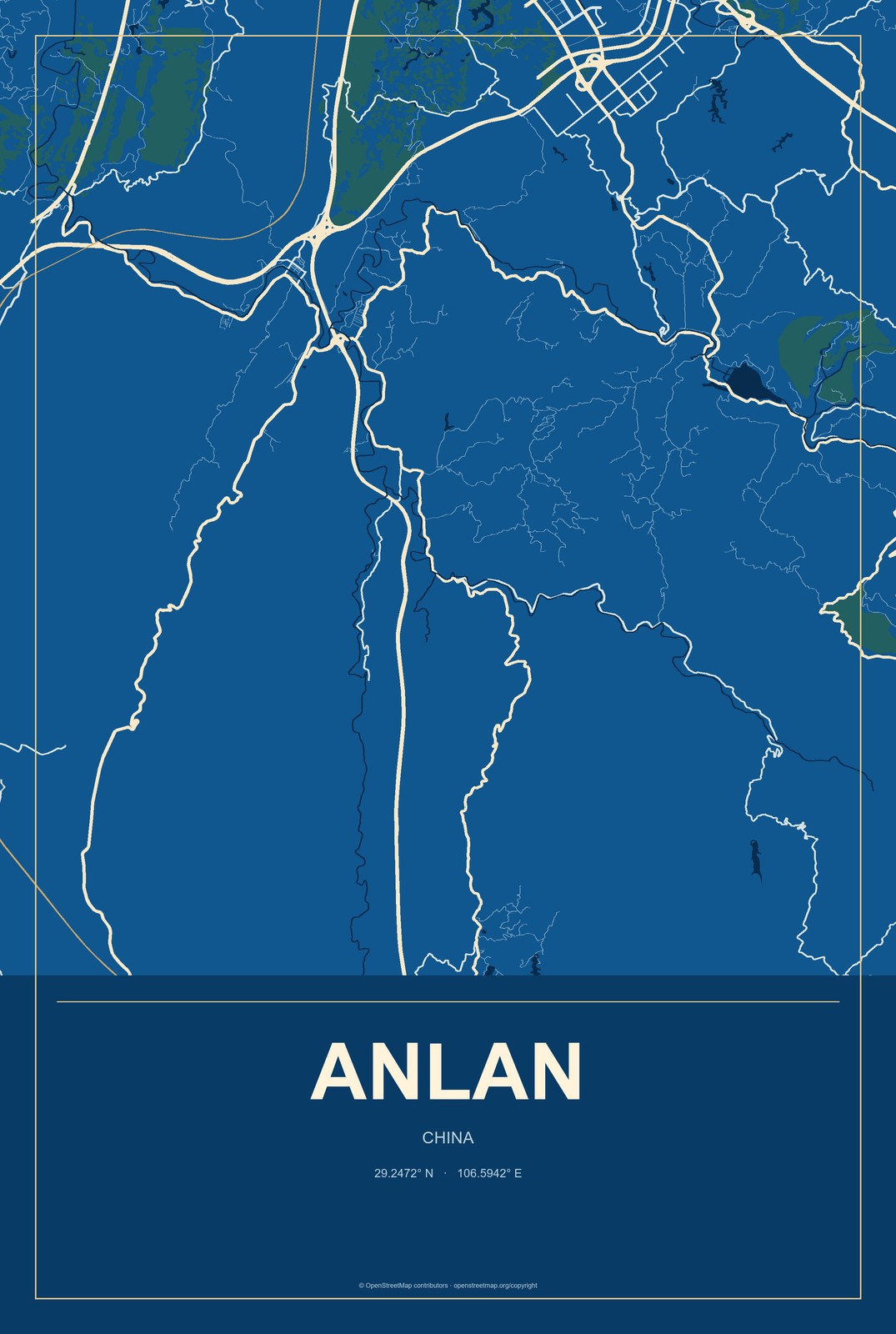 Anlan, China City Map Aluminum Sign in Harbor Cobalt style