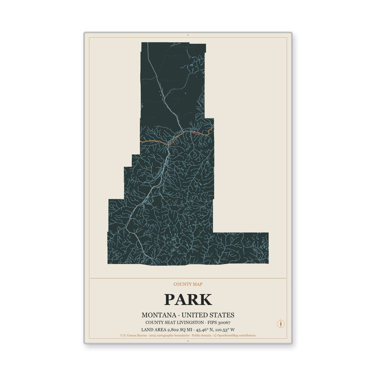 Park County, Montana Map Aluminum Sign in Headline Atlas style