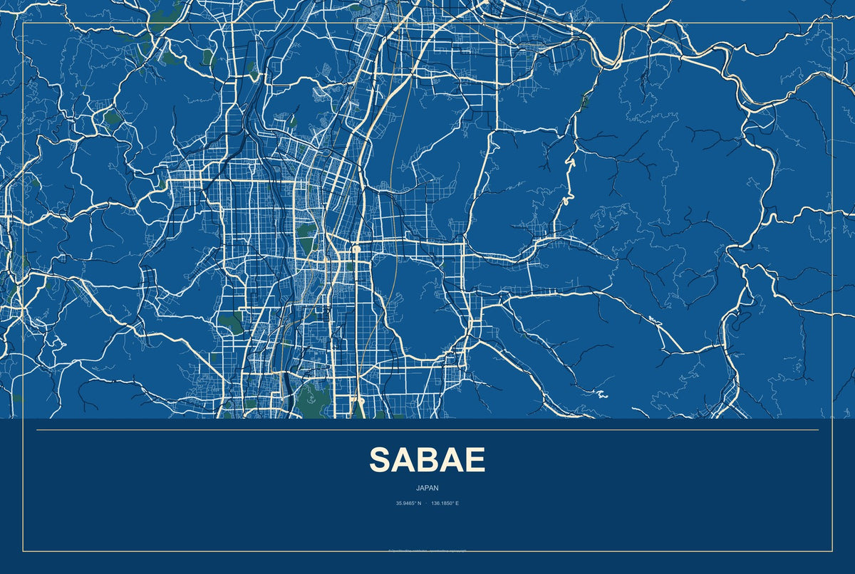 Sabae, Japan City Map Aluminum Sign in Harbor Cobalt style