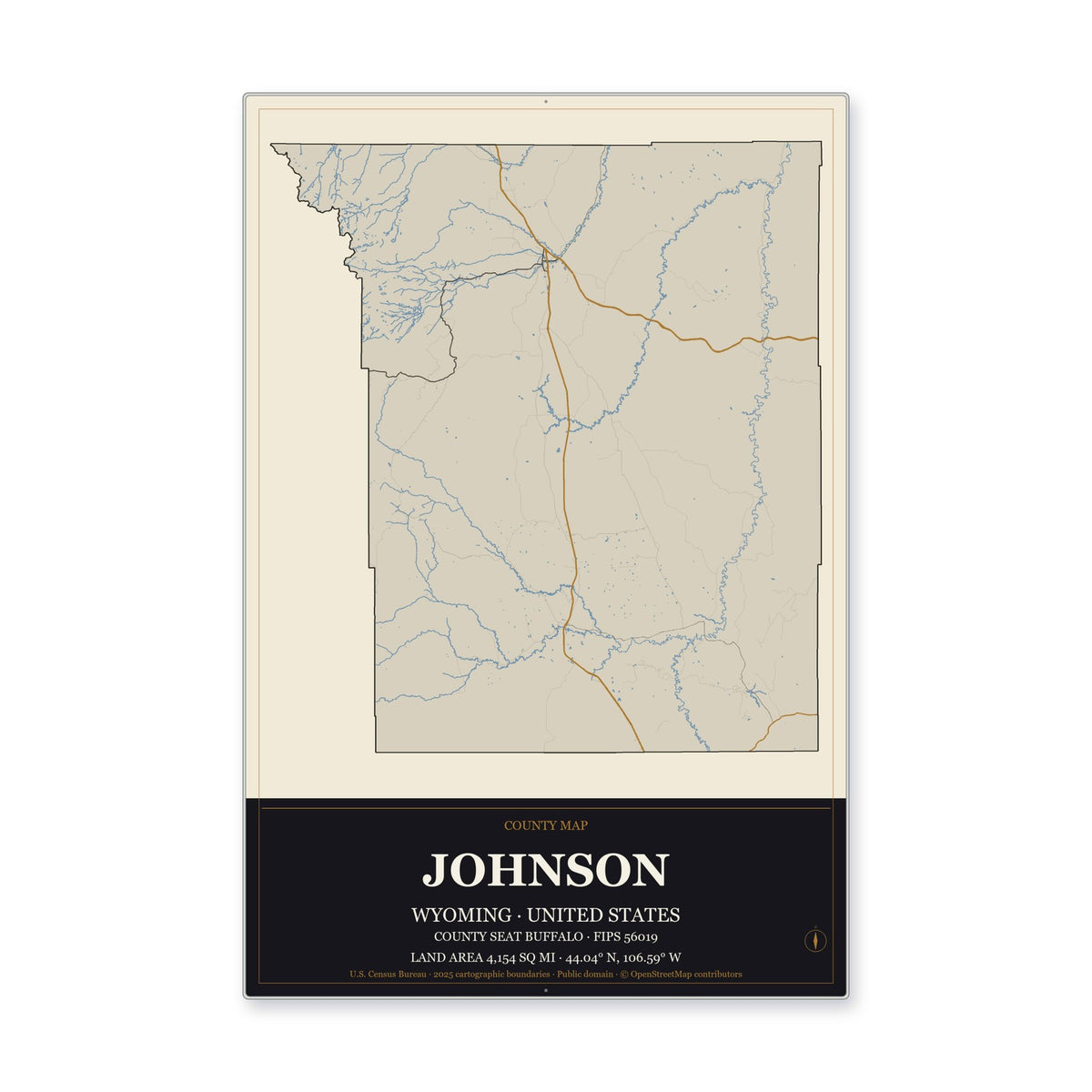 Johnson County, Wyoming Map Aluminum Sign in Museum Plaque style