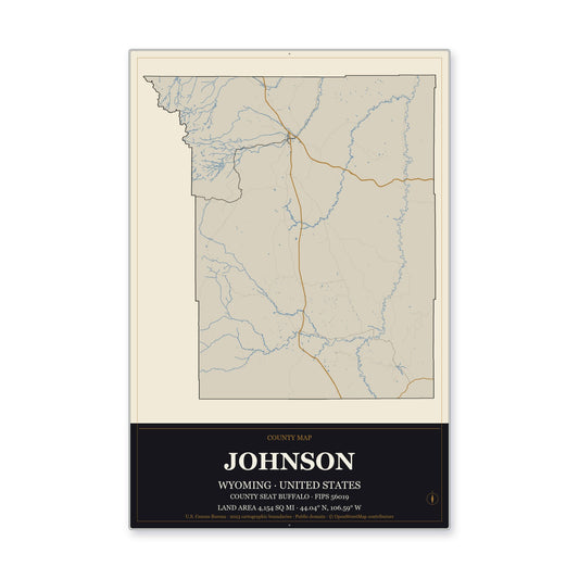 Johnson County, Wyoming Map Aluminum Sign in Museum Plaque style