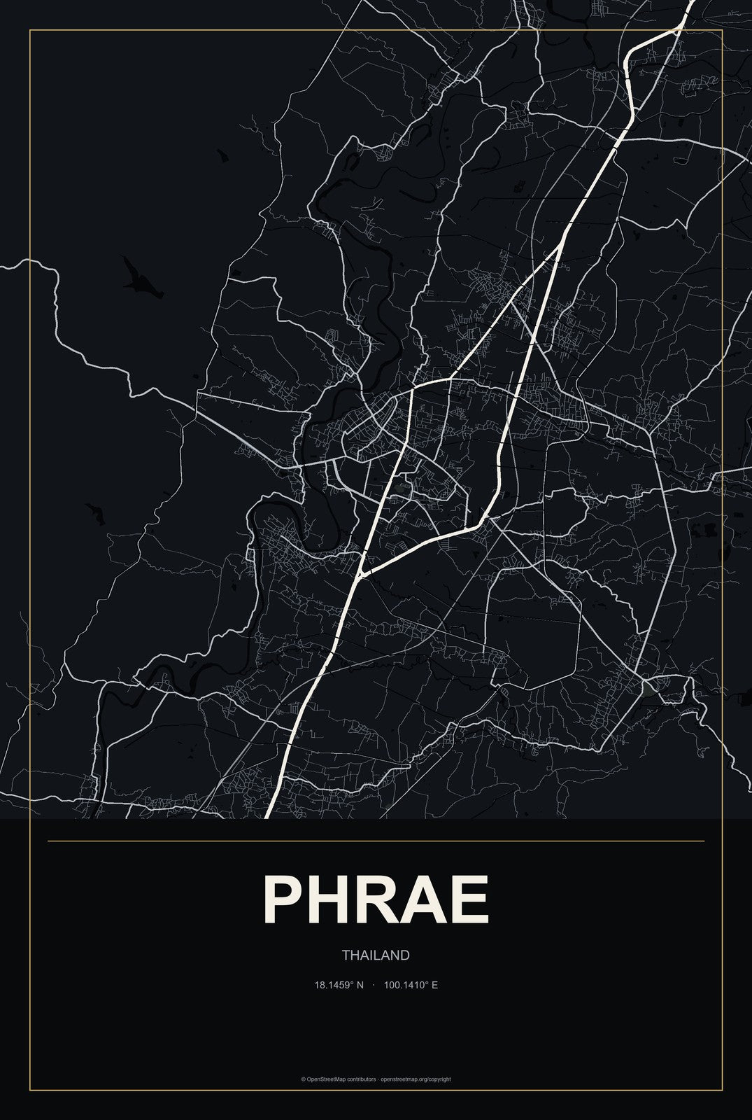 Phrae, Thailand City Map Aluminum Sign in Metropolitan Noir style