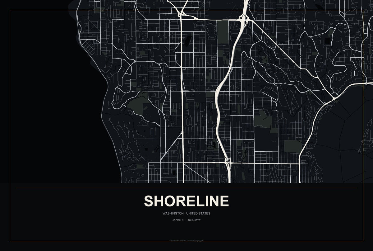 Shoreline, Washington City Map Aluminum Sign in Metropolitan Noir style