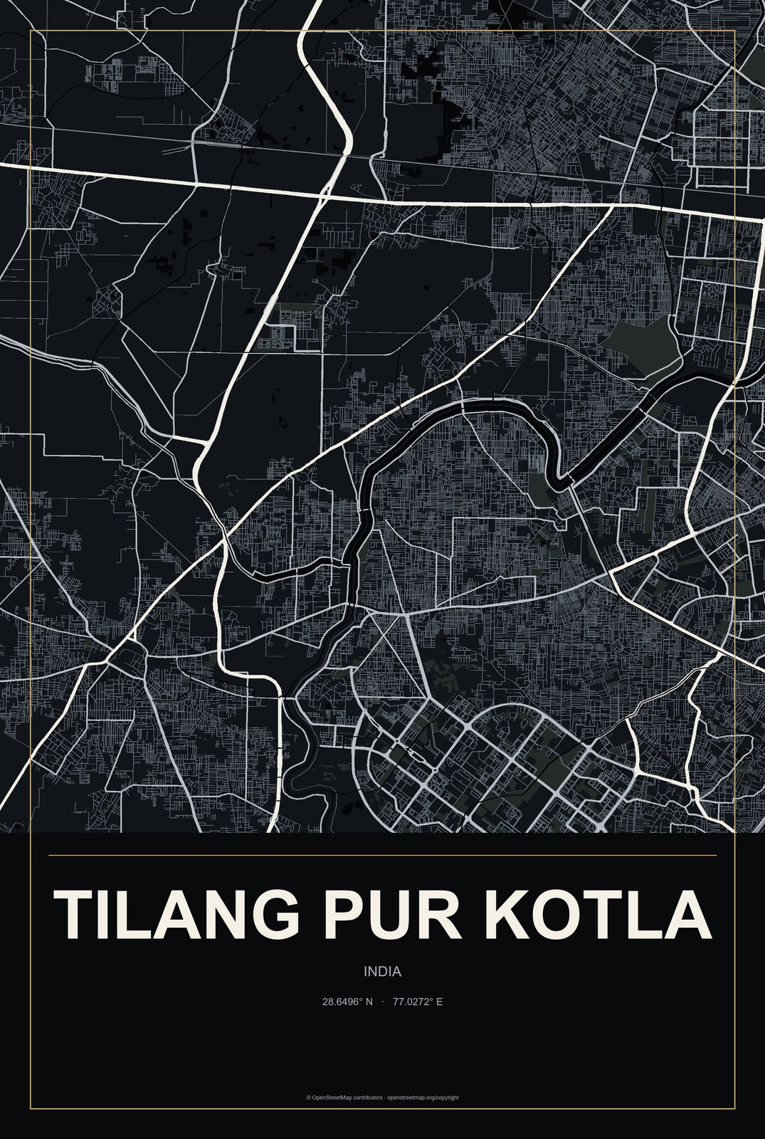 Tilang Pur Kotla, India City Map Aluminum Sign in Metropolitan Noir style