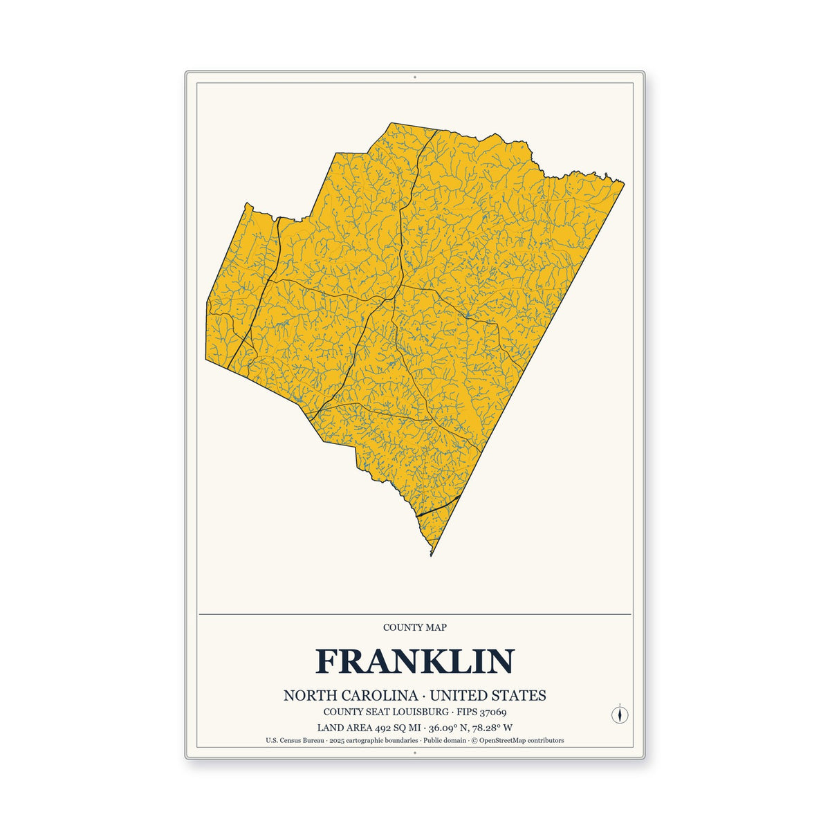 Franklin County, North Carolina Map Aluminum Sign in Citrine Modern style