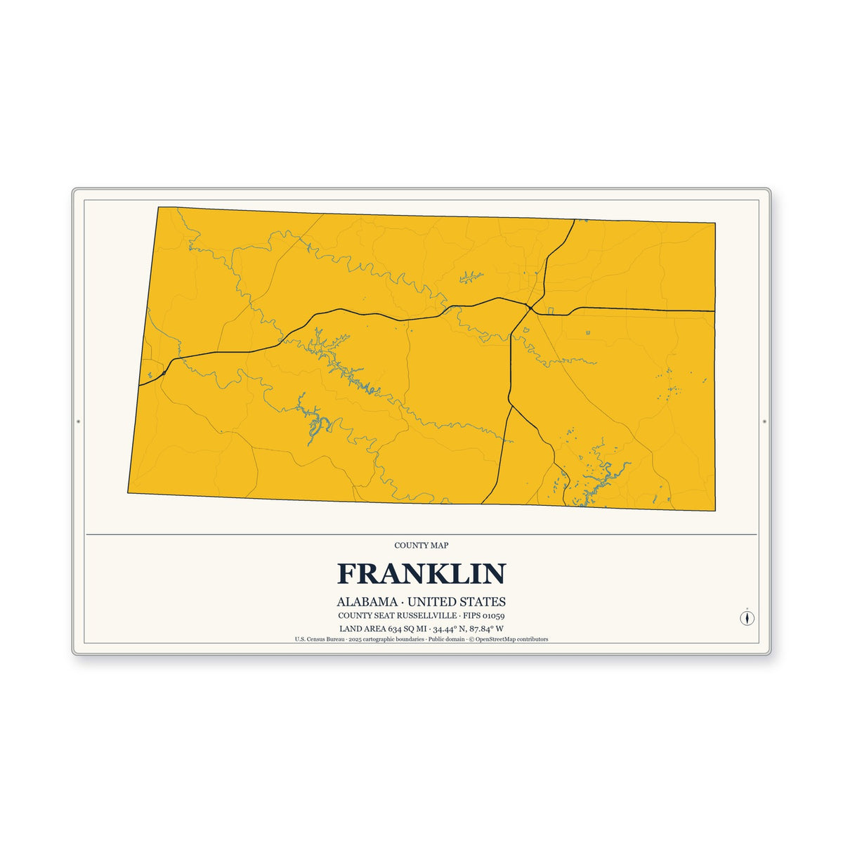 Franklin County, Alabama Map Aluminum Sign in Citrine Modern style