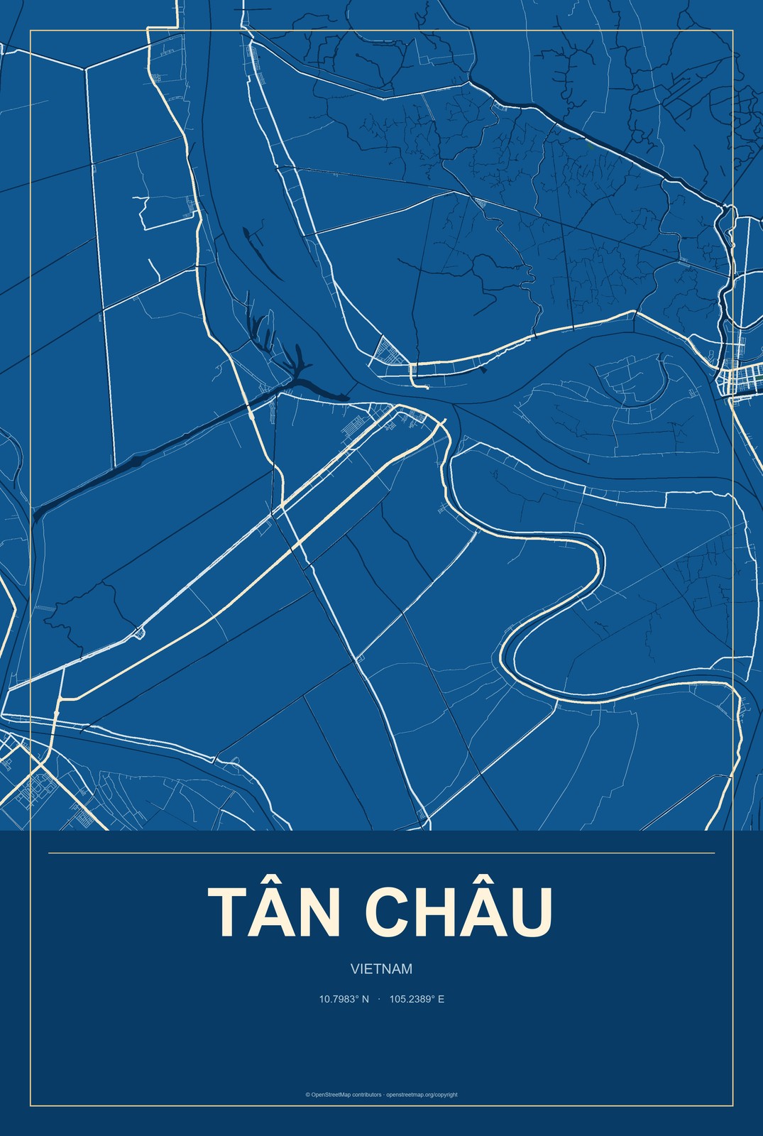 Tân Châu, Vietnam City Map Aluminum Sign in Harbor Cobalt style