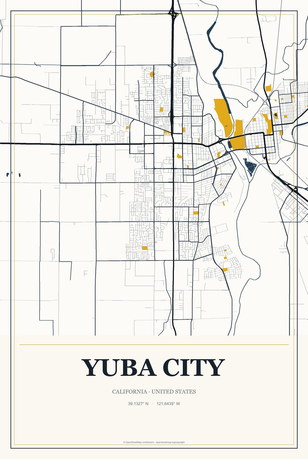 Yuba City, California City Map Aluminum Sign in Citrine Modern style