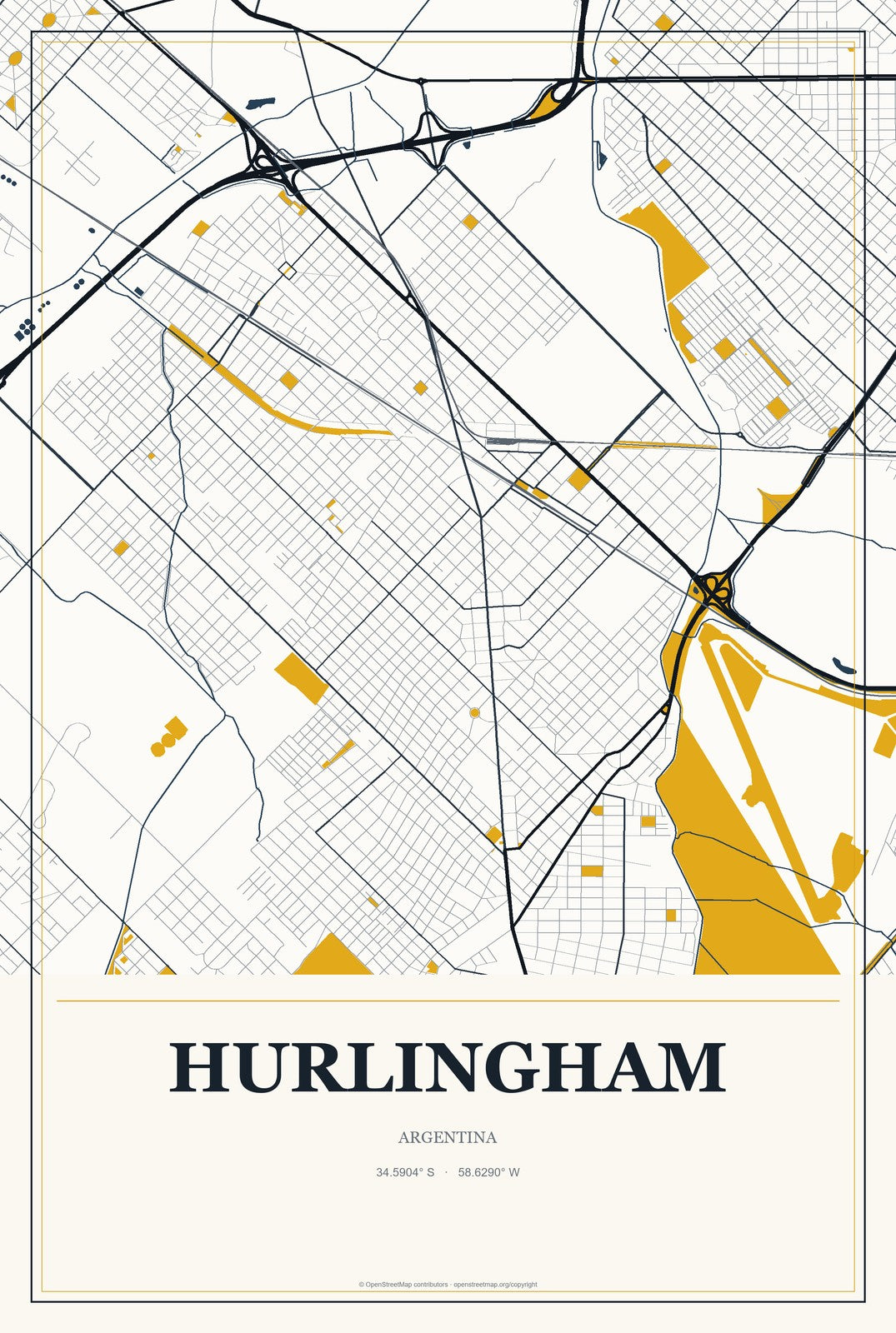 Hurlingham, Argentina City Map Aluminum Sign in Citrine Modern style