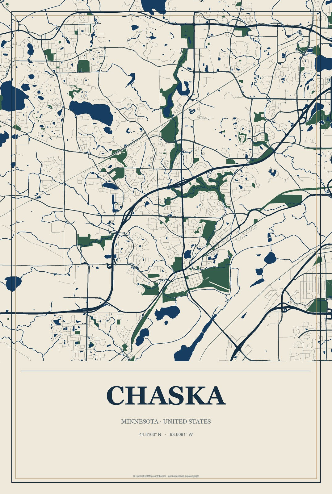 Chaska, Minnesota City Map Aluminum Sign in Coastal Cutout style