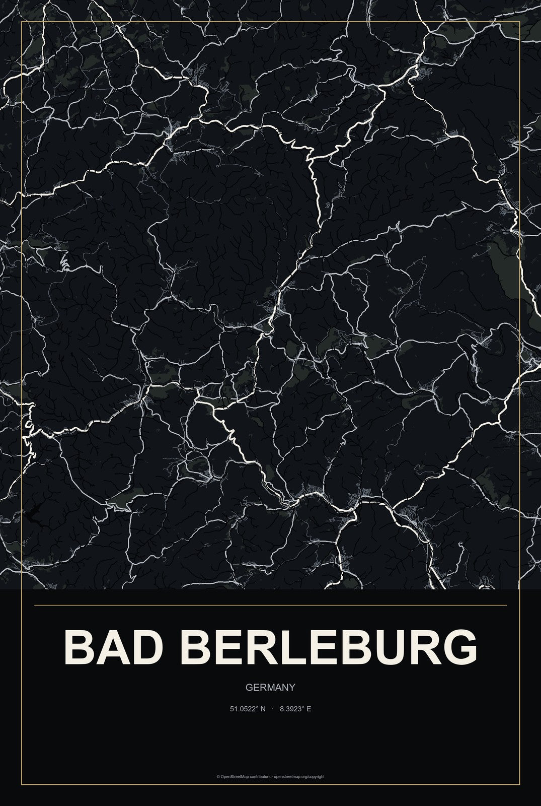 Bad Berleburg, Germany City Map Aluminum Sign in Metropolitan Noir style