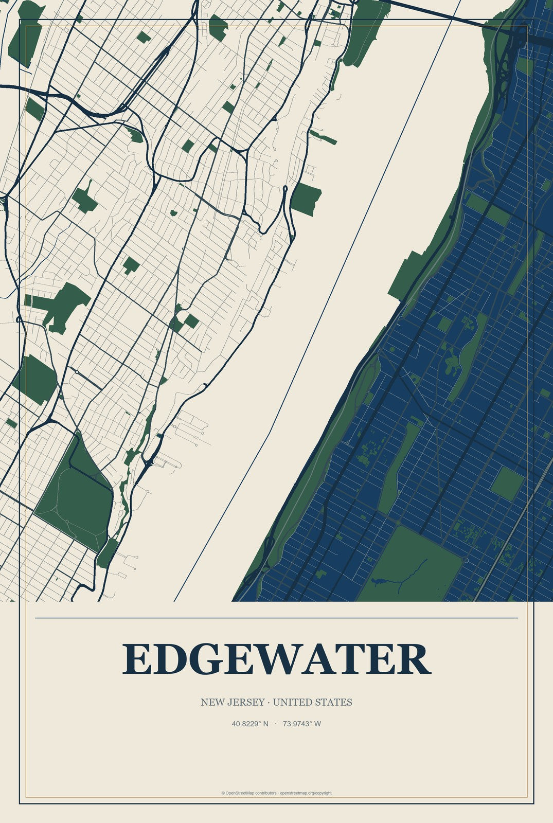 Edgewater, New Jersey City Map Aluminum Sign in Coastal Cutout style
