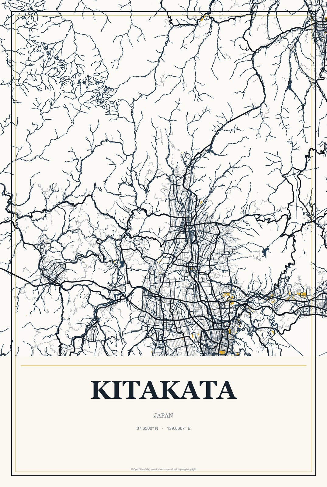 Kitakata, Japan City Map Aluminum Sign in Citrine Modern style