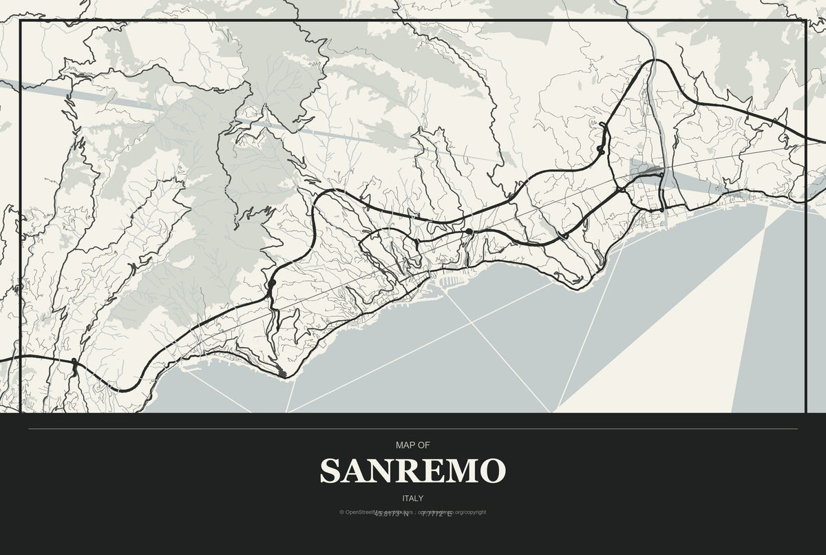 Sanremo, Italy City Map Aluminum Sign in Museum Plaque style