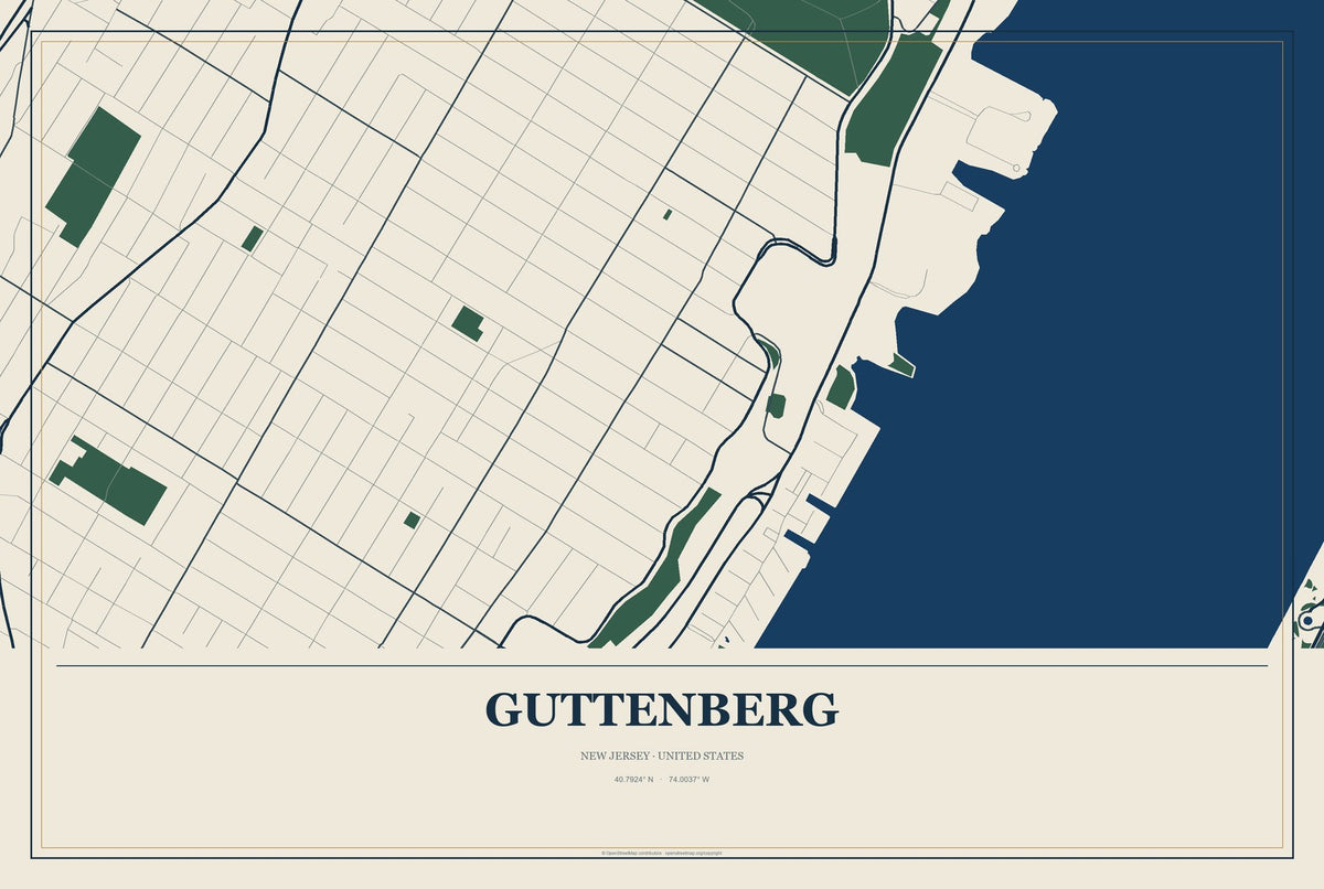 Guttenberg, New Jersey City Map Aluminum Sign in Coastal Cutout style
