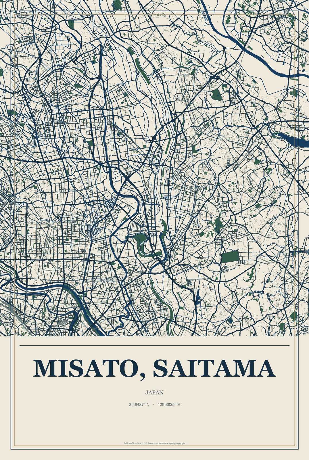 Misato, Saitama, Japan City Map Aluminum Sign in Coastal Cutout style