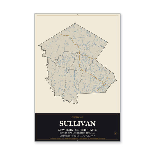 Sullivan County, New York Map Aluminum Sign in Museum Plaque style