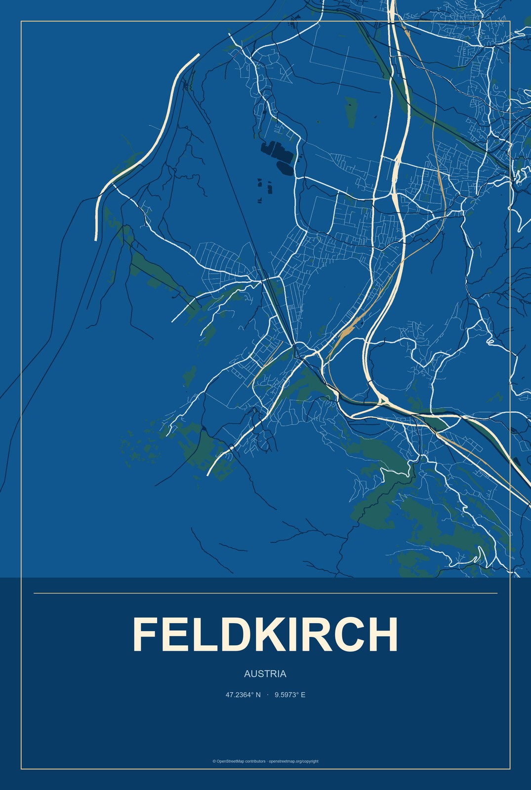Feldkirch, Austria City Map Aluminum Sign in Harbor Cobalt style