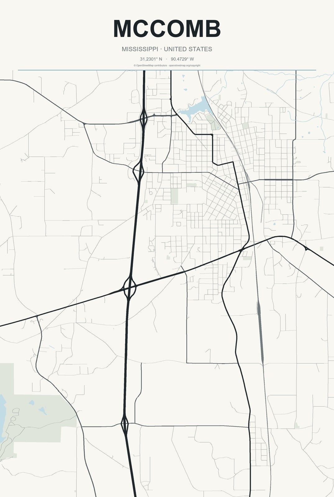 McComb, Mississippi City Map Aluminum Sign in Headline Atlas style