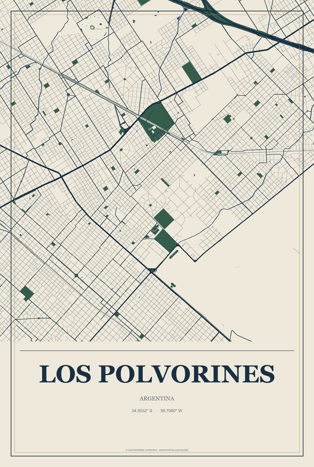 Los Polvorines, Argentina City Map Aluminum Sign in Coastal Cutout style