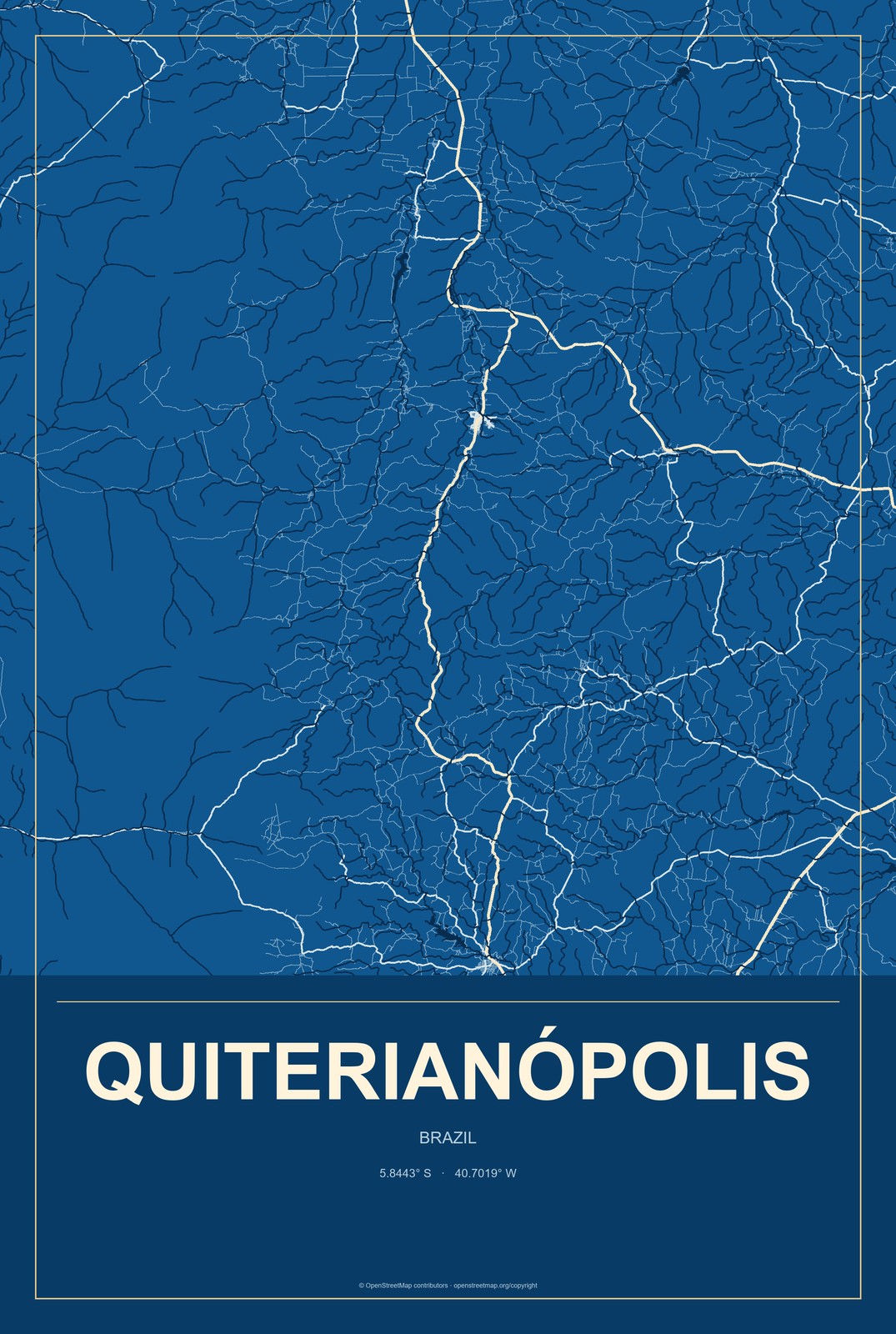 Quiterianópolis, Brazil City Map Aluminum Sign in Harbor Cobalt style
