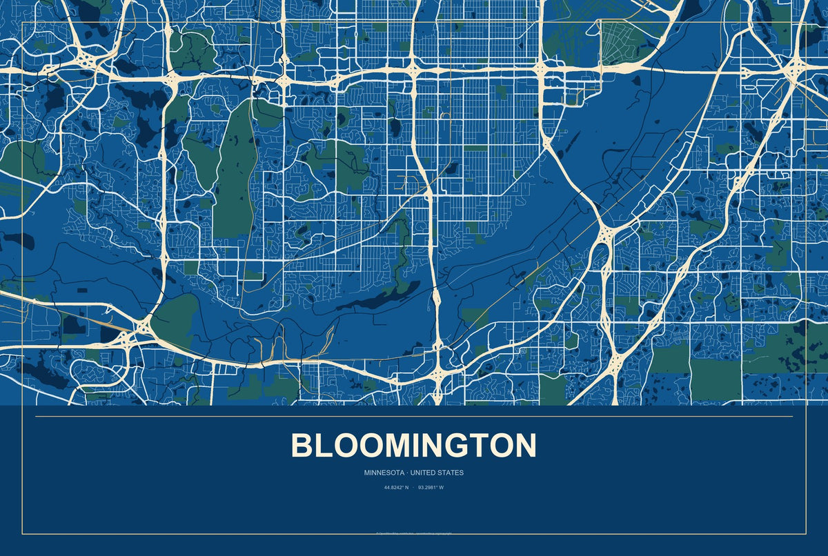 Bloomington, Minnesota City Map Aluminum Sign in Harbor Cobalt style