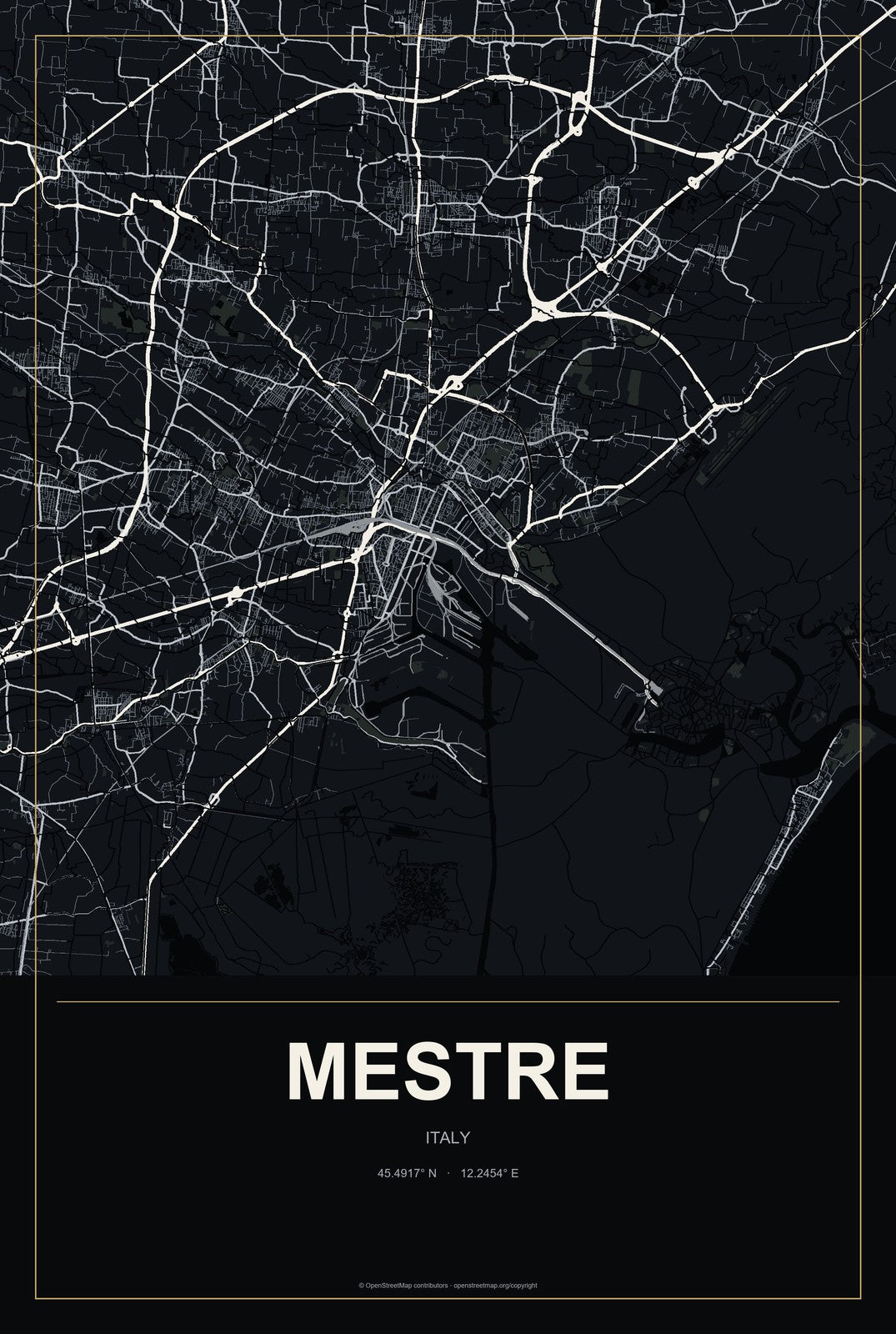 Mestre, Italy City Map Aluminum Sign in Metropolitan Noir style