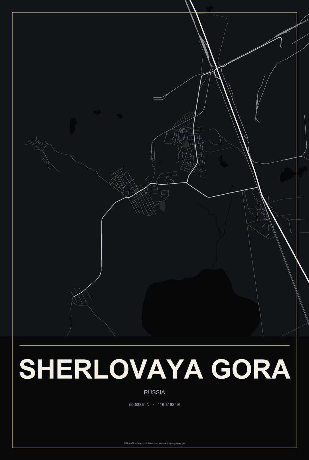 Sherlovaya Gora, Russia City Map Aluminum Sign in Metropolitan Noir style