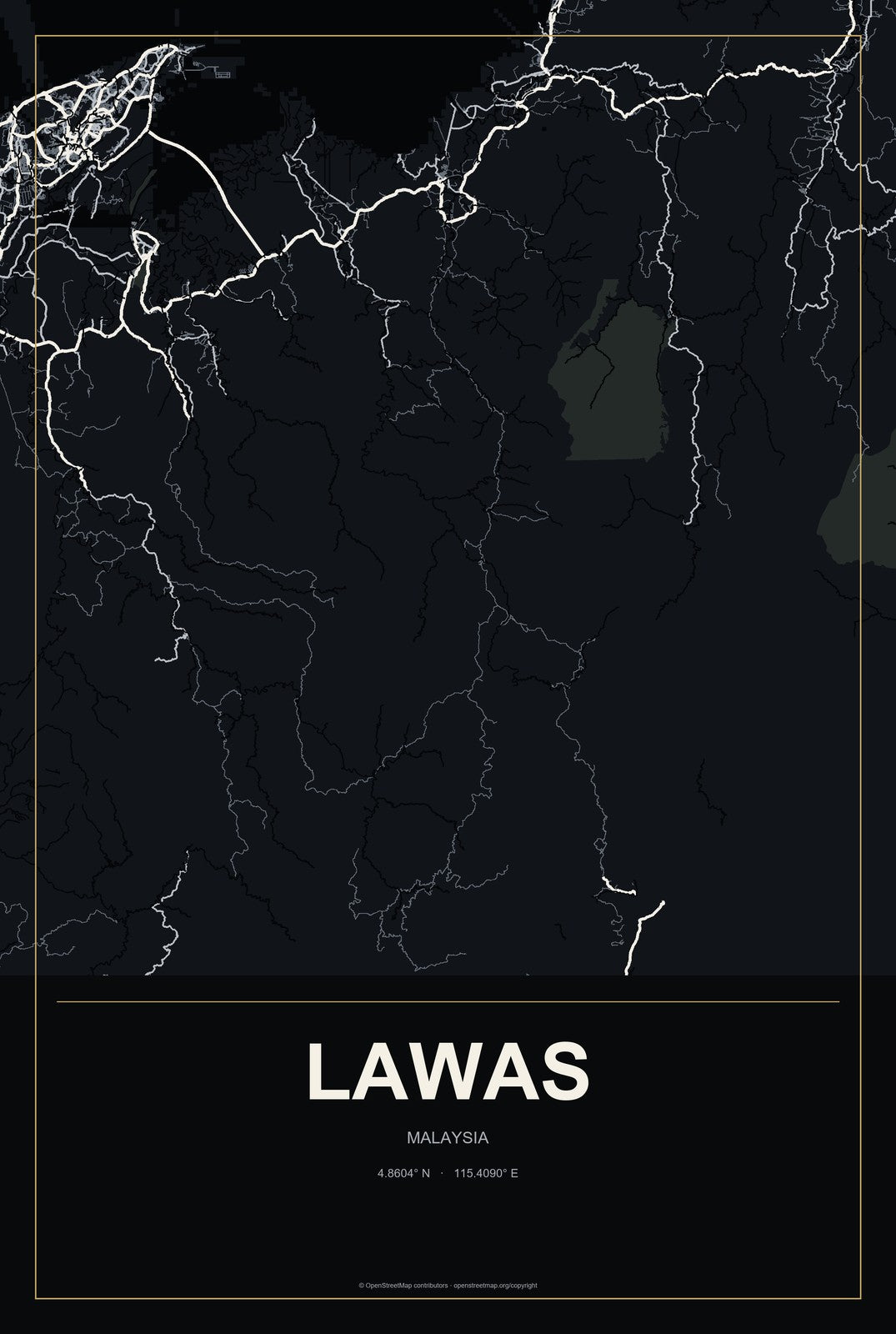 Lawas, Malaysia City Map Aluminum Sign in Metropolitan Noir style