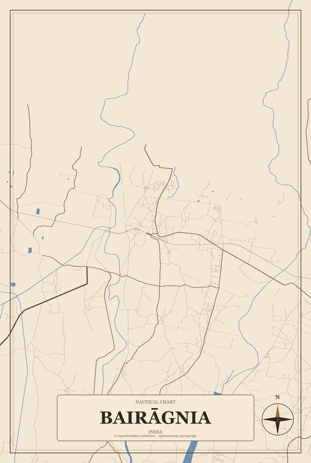 Bairāgnia, India City Map Aluminum Sign in Heritage Nautical style