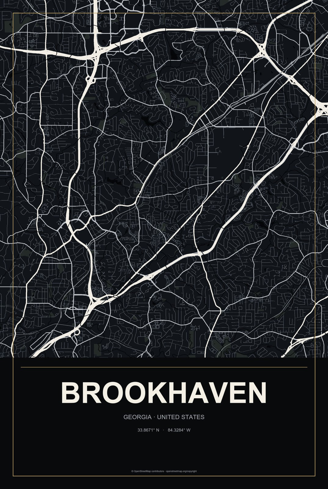 Brookhaven, Georgia City Map Aluminum Sign in Metropolitan Noir style