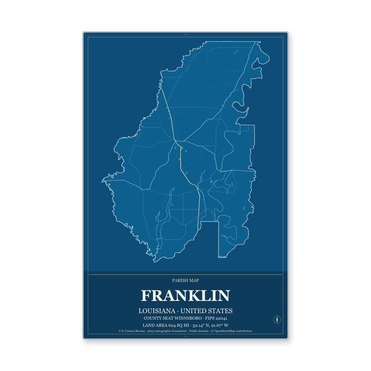 Franklin Parish, Louisiana Map Aluminum Sign in Harbor Cobalt style