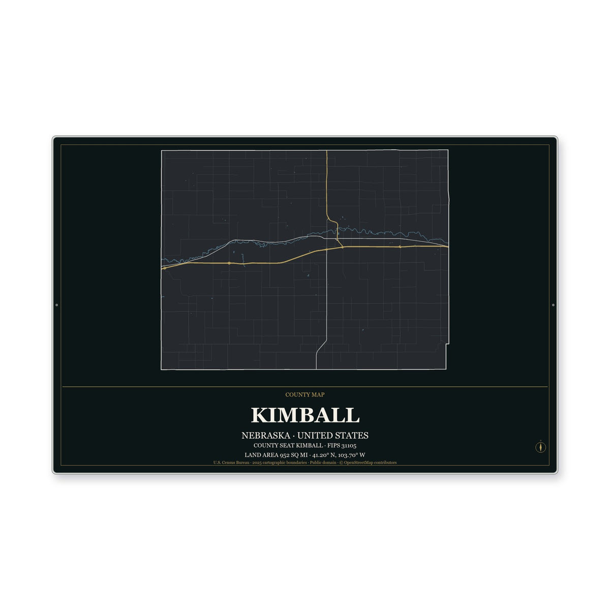 Kimball County, Nebraska Map Aluminum Sign in Metropolitan Noir style