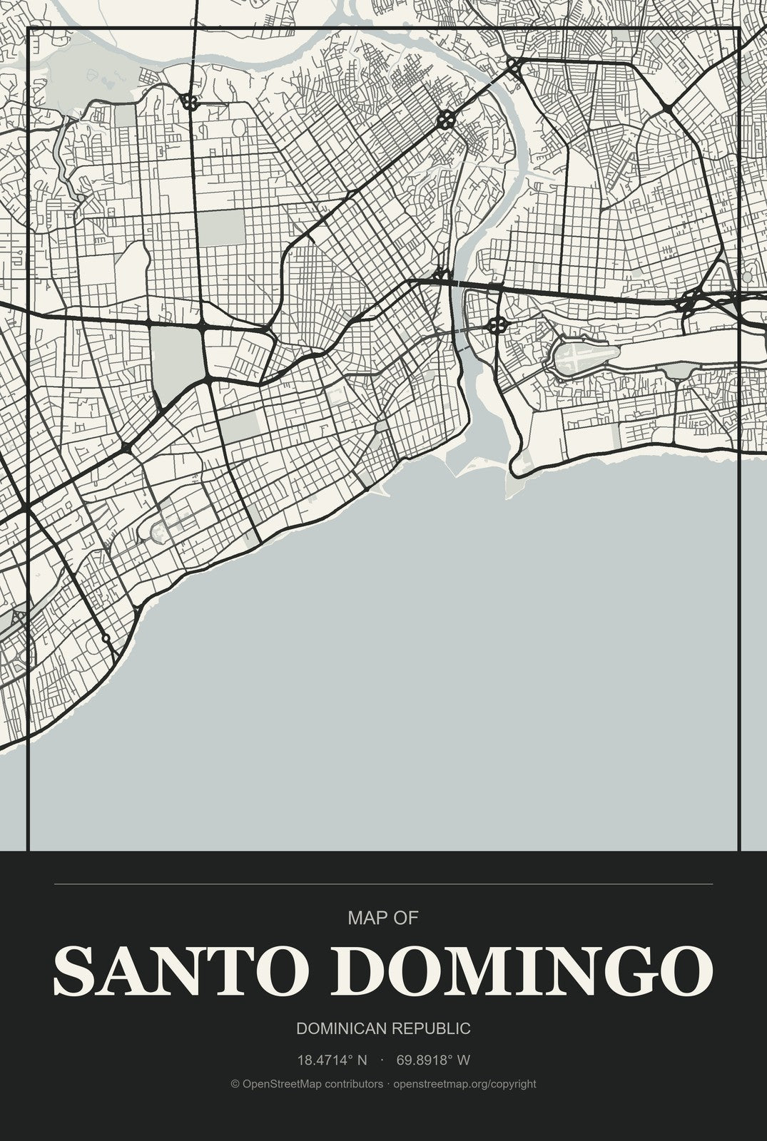 Santo Domingo, Dominican Republic City Map Aluminum Sign in Museum Plaque style