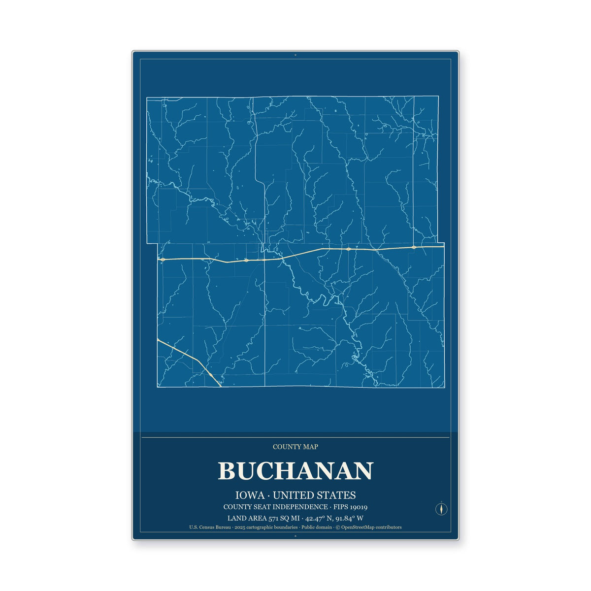 Buchanan County, Iowa Map Aluminum Sign in Harbor Cobalt style