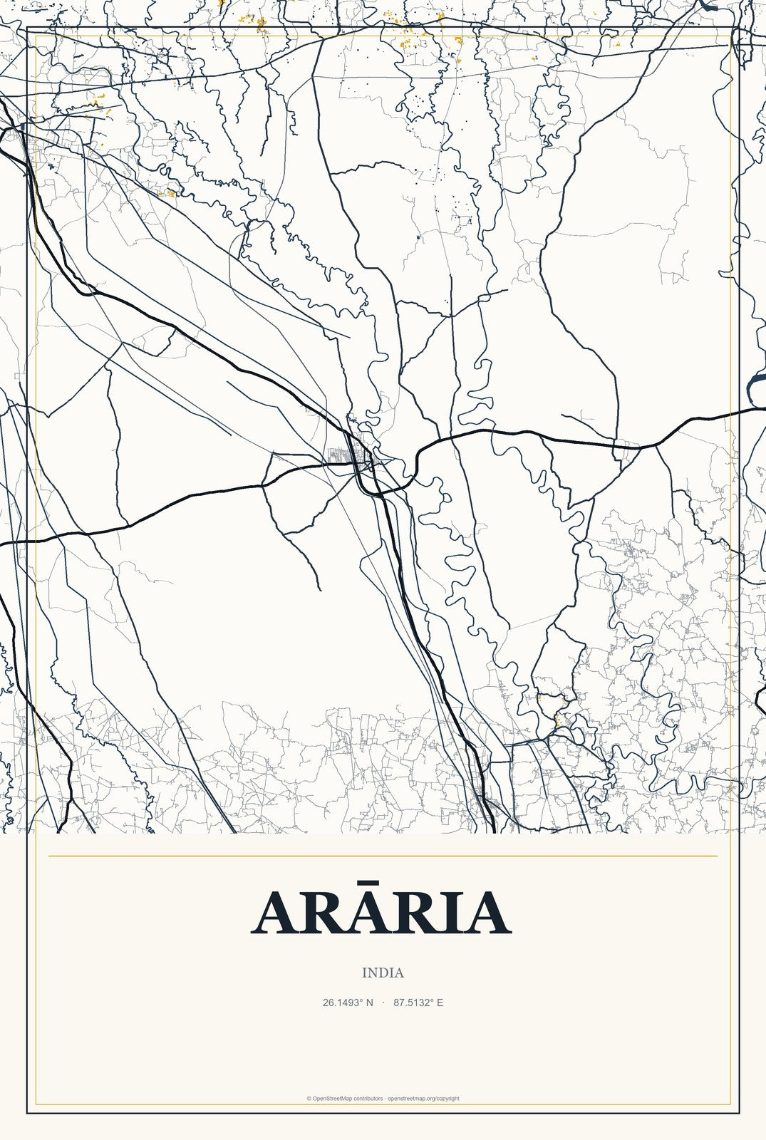 Arāria, India City Map Aluminum Sign in Citrine Modern style