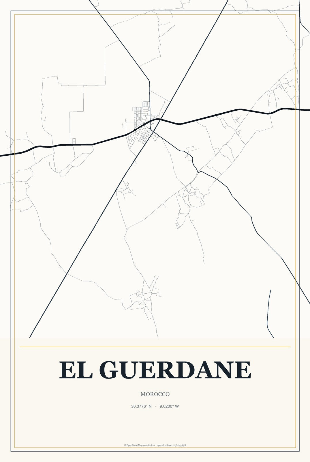 El Guerdane, Morocco City Map Aluminum Sign in Citrine Modern style