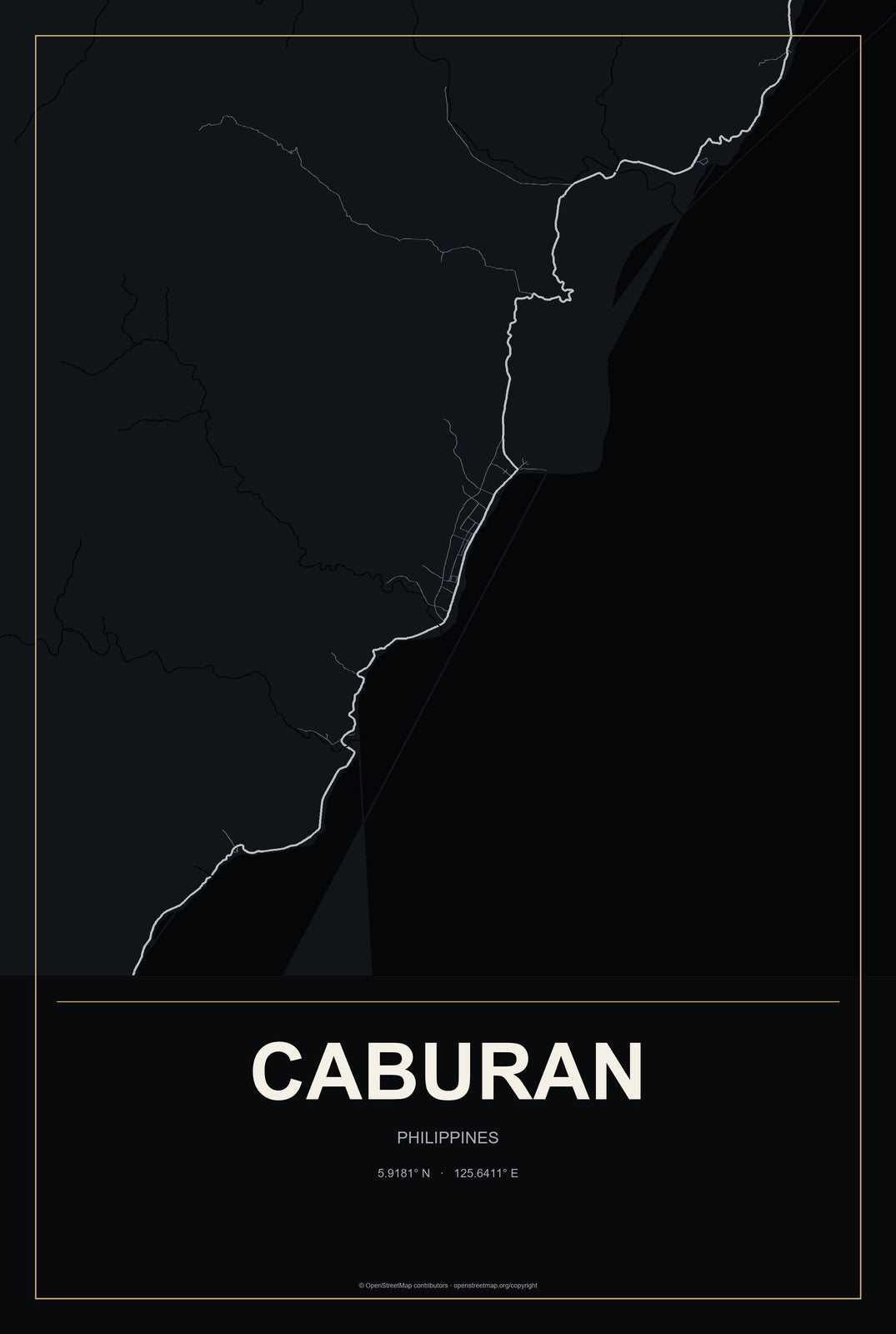 Caburan, Philippines City Map Aluminum Sign in Metropolitan Noir style