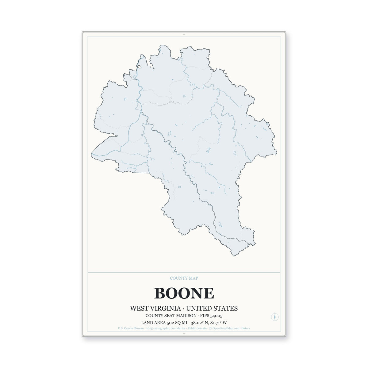Boone County, West Virginia Map Aluminum Sign in Gallery Air style