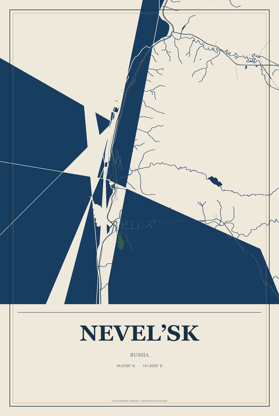 Nevel’sk, Russia City Map Aluminum Sign in Coastal Cutout style