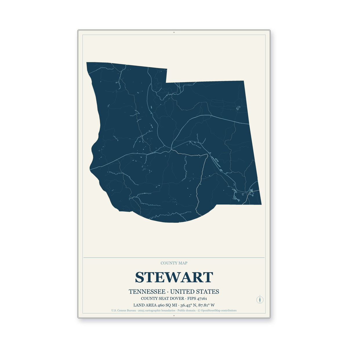 Stewart County, Tennessee Map Aluminum Sign in Coastal Cutout style