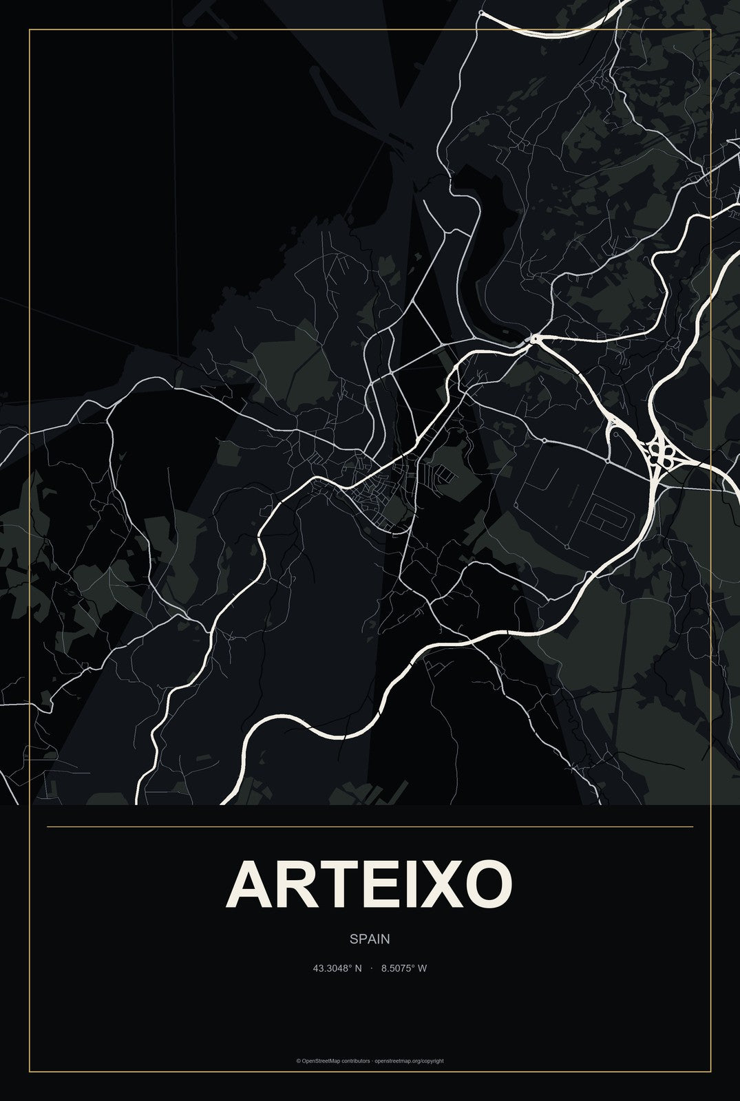 Arteixo, Spain City Map Aluminum Sign in Metropolitan Noir style