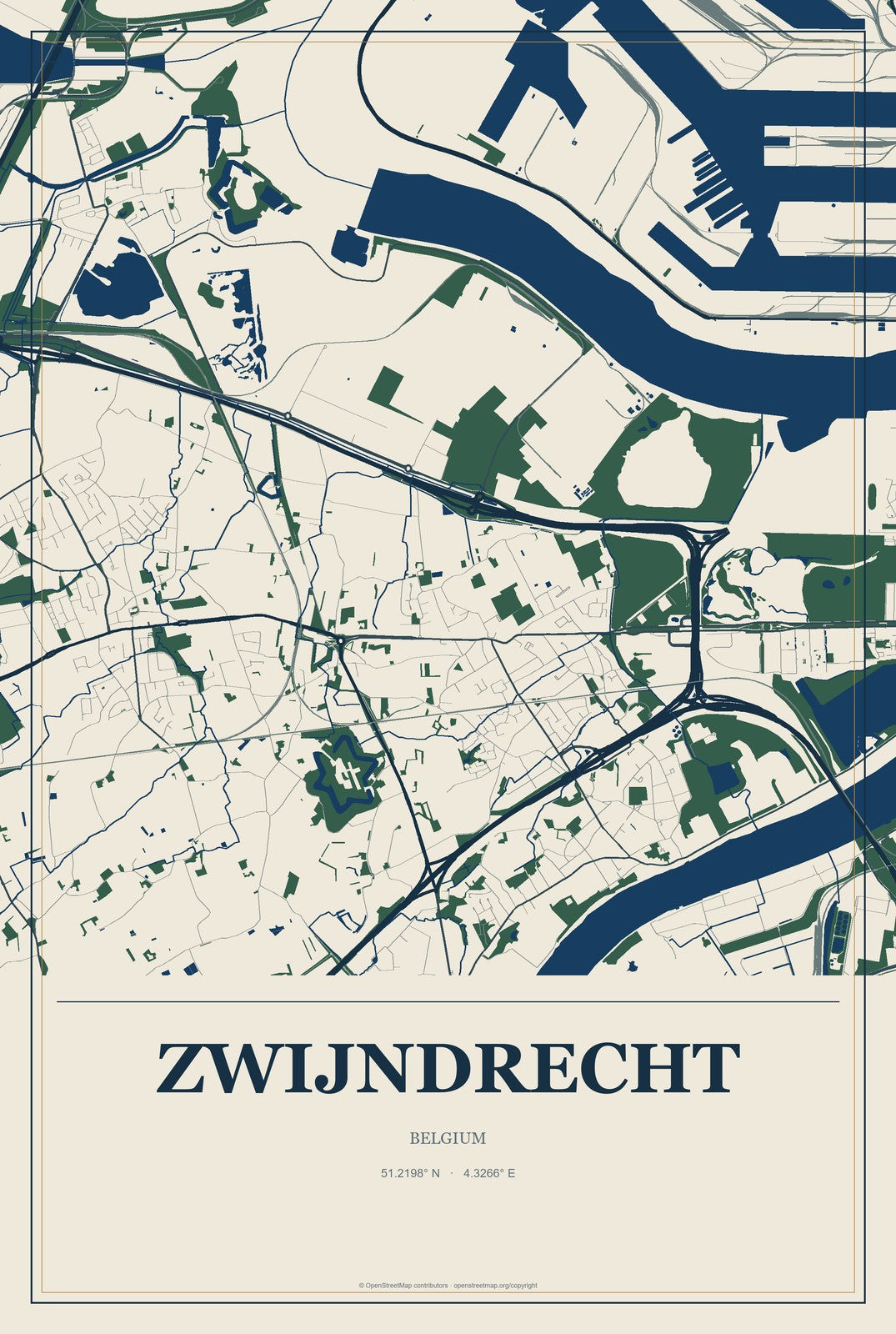 Zwijndrecht, Belgium City Map Aluminum Sign in Coastal Cutout style